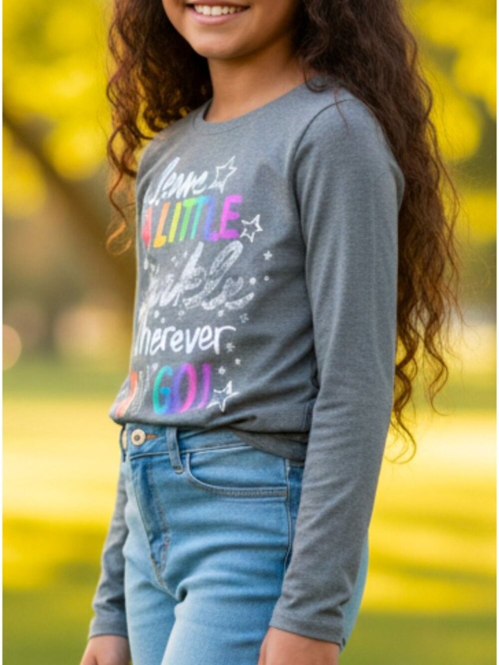 Girls Gray Long-Sleeve Tee With "Leave A Little Sparkle" Glitter Text & Stars De